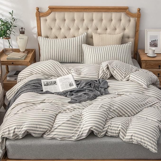 PURE ERA Jersey Knit Duvet Cover Set 100% T-Shirt Heather Cotton Super Soft Comfy Classic Striped with Zipper Closure, Grey & White Stripe, California King