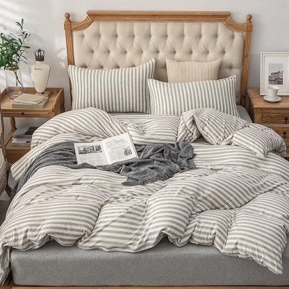 PURE ERA Jersey Knit Duvet Cover Set 100% T-Shirt Heather Cotton Super Soft Comfy Classic Striped with Zipper Closure, Grey & White Stripe, California King