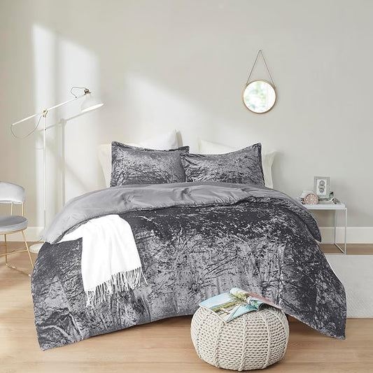 Comfort Spaces Juliette Luxe Comforter Set Velvet Lush with Soft Brushed Microfiber Reverse, All Season Cozy Velvet Bedding Sets, Fluffy Comforter Bed Set, Matching Sham, Grey Twin/Twin XL 2 Piece