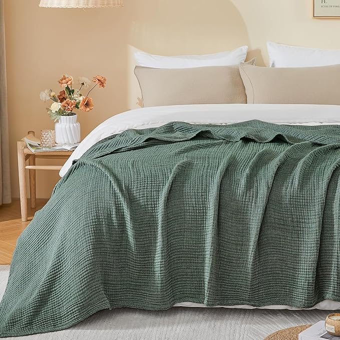 EMME Cotton Muslin Large Throw Blanket Couch Breathable Gauze Soft Lightweight Bed Blankets Adults (Heather Forest Green, 50"x70")