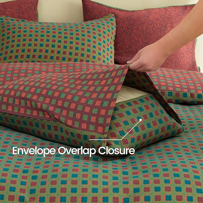 BISELINA 100% Cotton Muslin Duvet Cover Set Queen, 3 Pcs Yarn-Dyed Jacquard Textured Vintage Geometric Checkered Pattern, Soft and Breathable Bedding Set with Zipper Closure, Green Red