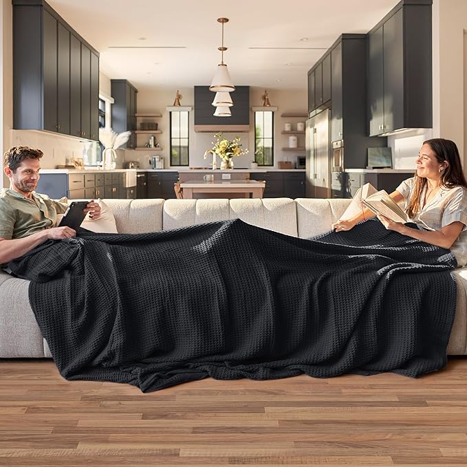 Bedsure Gentlesoft 100% Cotton Blanket King Size for Bed - Cooling Breathable and Soft for Spring Summer, Thick Cozy Waffle Weave Blanket Gifts for Women, Black, 104x90 inches