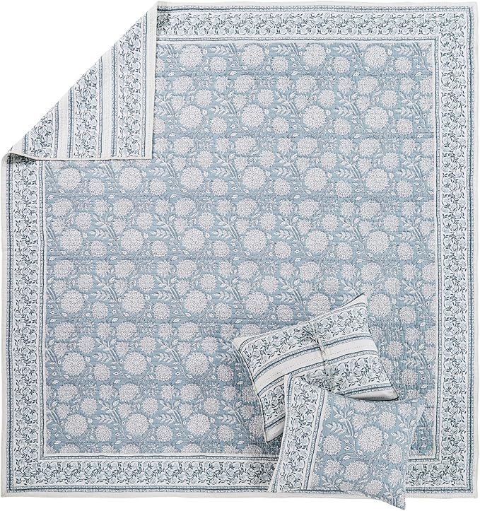 Levtex Home Adare Blue Reversible King/Cal King Quilt Set (106x92in) with 2 Pillow Shams (36x20in) - Floral Bedding - Blue White - Cotton King Size Quilt Bedding Set - Lightweight, Soft, Pre-Washed