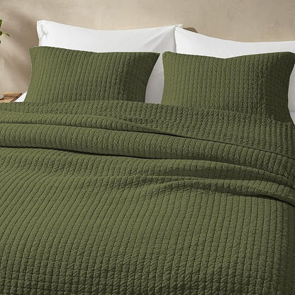 Wonderful Cotton Blended Jersey Knit Queen Quilt, Stitch Bedding Heather Dark Green Quilt with 2 Pillow Shams, Cloud Bedpsread, All-Season Coverlet, 94"x94"