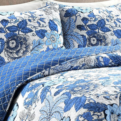 Lush Decor Sydney Reversible Cotton Quilt Set, 3 Piece Set, Full/Queen, Navy & White - Cotton Bedding Set - Navy Floral Quilt - Cottage Decor - Bedding Queen Size