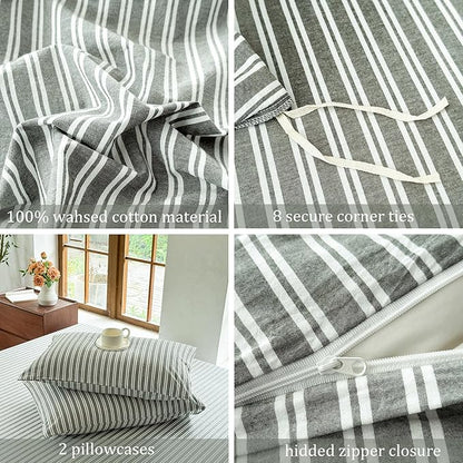 Striped Duvet Cover Set 100% Washed Cotton Linen Like Soft Feelling Breathable Bedding(Olive Green/White Strip,King)