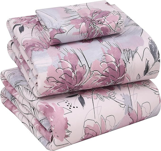 RUVANTI 100% Cotton Sheets – Twin Size Percale Bedding, Cooling & Breathable Floral Design, Durable with a Crisp, Soft & Comfortable Feel, 16" Deep Pocket, 3-Piece Set, Lilac Floral