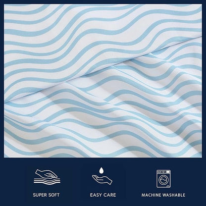 Nautica - Sheet Set, Breathable & Cooling Microfiber Bedding with Matching Pillowcases, Deep Pocket, Fully Elasticized (Linearly Waves Ocean Breeze Blue, Queen)
