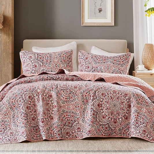 Comfort Spaces Valerie Boho Quilt Set King Pink - Soft Lightweight Bedding with Watercolor Medallion Design, Reversible All Season Quilt for Master Bedroom or Guest Room