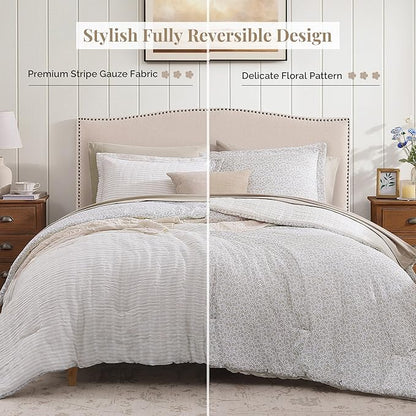 King Comforter Set - 7 Pieces Beige Gauze Muslin Bedding Sets for All Seasons, Lightweight Breathable Bed in a Bag King with Revesible Farmhouse Comforter, Sheets, Pillowcases & Shams