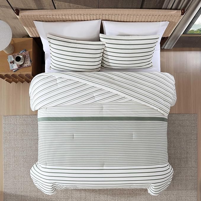 Eddie Bauer - Full/Queen Comforter Set, Super Soft Bedding with Matching Shams, Two-Piece Back Closure, Modern Room Essentials (Cooper Stripe Green, Full/Queen)