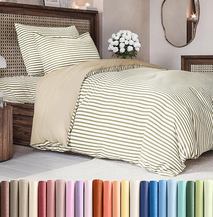 Duvet Cover Twin/Twin XL Size Set - Extra Soft Twin/Twin XL Duvet Cover 68" x 90" with 1 Pillow Sham - Hotel Luxury, Fade Free w/ Zipper Closures & Ties - Comfy, Cozy and Breathable (Beige Stripes)