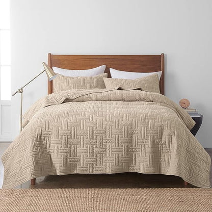 California Oversized Quilt King Size Bedding Sets with Pillow Shams, Beige Lightweight Soft Bedspread Coverlet, Cal Super Quilted Blanket Thin Comforter Bed Cover for All Season, 118x106 inches