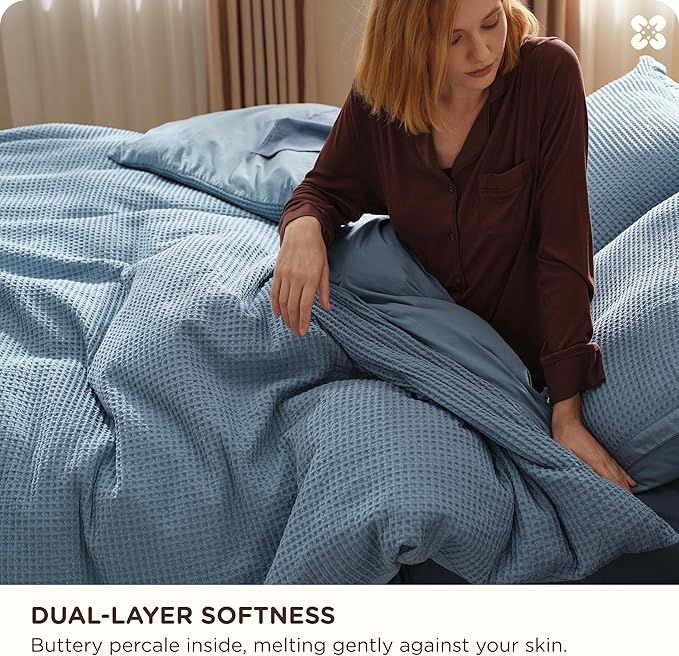 Bedsure Cotton Duvet Cover Queen - 100% Cotton Waffle Weave Grey Blue Duvet Cover Queen Size, GentleSoft™ and Breathable Bedding Set for All Season, 3 Pieces, 90"x90"