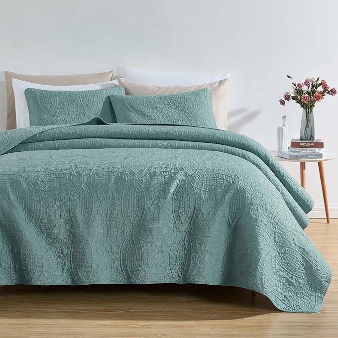 Chezmoi Collection Austin 3-Piece Oversized Bedspread Coverlet Set King, Spa Blue, 118 by 106-Inch | Oversized, Lightweight, Fade Resistant