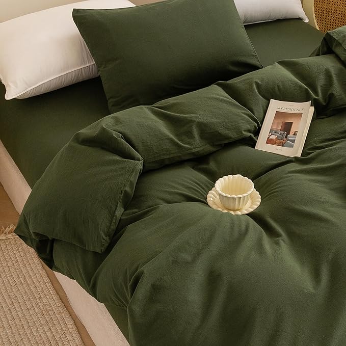 ECOCOTT 3 Pieces Duvet Cover Queen Size 100% Washed Cotton 1 Duvet Cover with Zipper and 2 Pillowcases, Ultra Soft and Easy Care Breathable Cozy Simple Style Bedding Set (Avocado Green)