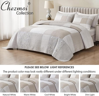 Chezmoi Collection Quinn 3-Piece Neutral Taupe Gray White Floral Hibiscus Flower Candy Stripe Patchwork Quilt Set - Pre-Washed Cotton Coverlet - Lightweight Reversible Bedspread, Queen Size