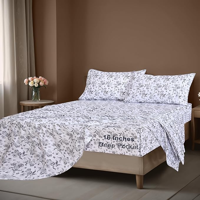 ZOYER 100% Cotton Sheets – Queen Size Percale Bedding, Cooling & Breathable, Durable with a Crisp, Soft & Comfortable Feel, 16" Deep Pocket, 4-Piece Set, Frozen Garden