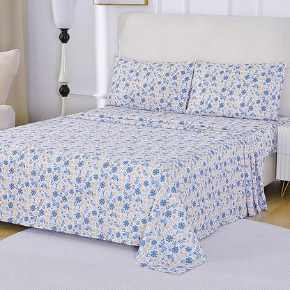 Softan Vintage Blue Floral Full Bed Sheets, Cozy Microfiber Flower Printed Sheets with 15" Deep Pocket Fitted Sheet & Non-Slip Straps, Patterned Floral in Blue & Amber Sheets & Pillowcase Set