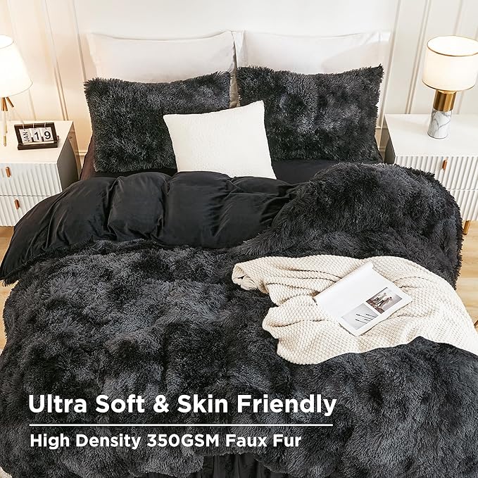 Andency Faux Fur Tie-Dyed Black Grey Comforter Set Full Size, 3 Pieces Fluffy Fuzzy Plush Bedding Comforter Set (1 Shaggy Velvet Comforter & 2 Pillowcases), Soft Puffy Down Comforter Bedding Set