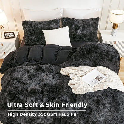 Andency Tie-Dyed Black Grey Comforter King Size, 3 Pieces Fluffy Faux Fur Warm Soft Fuzzy Plush Bedding Comforter Set, Thick Heavy Puffy Comfy Bedding Sets