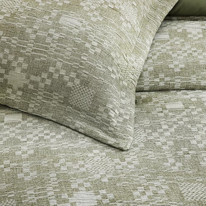 MaiRêve Queen Comforter Set Olive Green, Crinkle Textured Design Bedding Set 7 Pieces Bed in A Bag, All Season Farmhouse Comforter Set with Sheets, Pillowcases & Shams