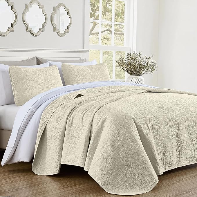 Chezmoi Collection Austin 3-piece Oversized Bedspread Coverlet Set (King, Ivory) | Oversized, Lightweight, Fade Resistant