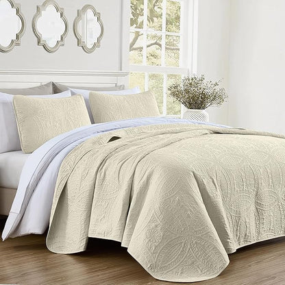 Chezmoi Collection Austin 3-piece Oversized Bedspread Coverlet Set (King, Ivory) | Oversized, Lightweight, Fade Resistant