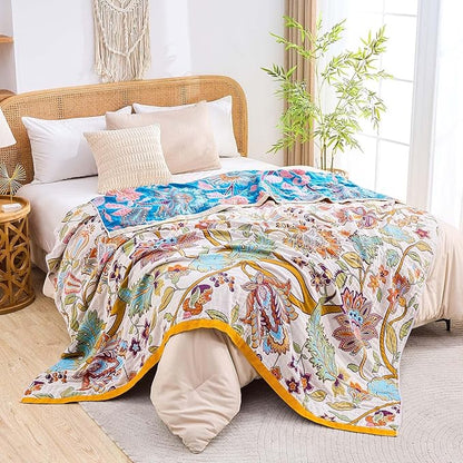 Boho Throw Blanket for Bed, 100% Cotton Soft Rustic Quilt Fall Blanket, 60"x80" Floral Printed Farmhouse Decor Bed Blankets, All Season Rustic Reversible Bohemian Throw Quilt