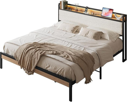 LIKIMIO California King Bed Frame with Storage Headboard and LED Lights, Metal Platform Bed with Charging Station, Noise Free, No Box Spring Needed, Under Bed Storage, Natural and Cream