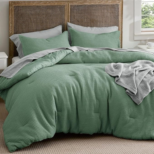 Bedsure Waffle Comforter Set King, Green Soft Bedding, Waffle Weave Bed Set, 3 Pieces, 1 Comforter (104"x90") and 2 Pillow Shams, Cotton Shell and Polyester Lining for All Seasons