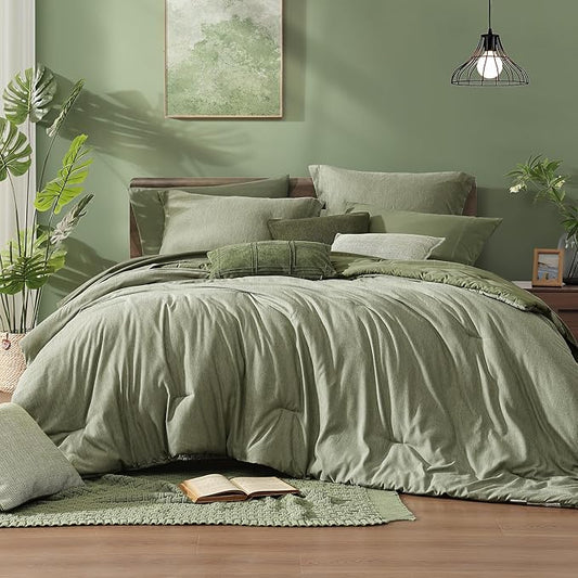 Monbix California King Comforter Set - 7 Pieces Cationic Dyeing Sage Green Bed in a Bag Cal King Bed Sets with Comforter, Sheets, Pillowcases & Shams, Reversible Bedding Comforters Sets