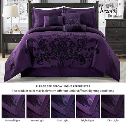 Chezmoi Collection Royale 7-Piece Jacquard Floral Comforter Set, Oversized King, Purple/Dark Purple