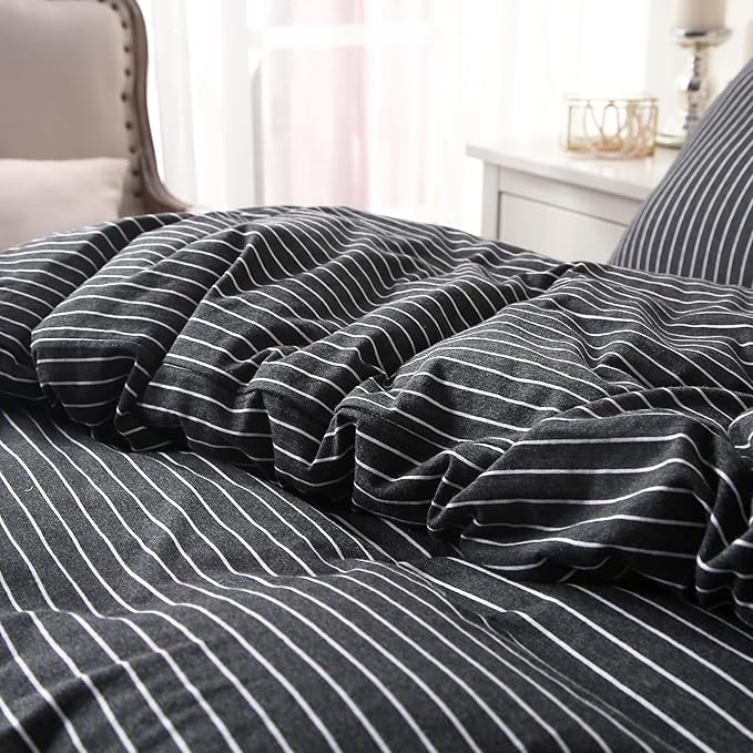 PURE ERA Jersey Knit Duvet Cover Set 100% T-Shirt Heather Cotton Super Soft Comfy Classic Striped Design, with Zipper Closure, Black & White Pinstripe, King