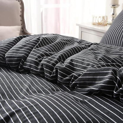 PURE ERA Jersey Knit Duvet Cover Set 100% T-Shirt Heather Cotton Super Soft Comfy Classic Striped Design, with Zipper Closure, Heather Black & White Pinstripe, Queen