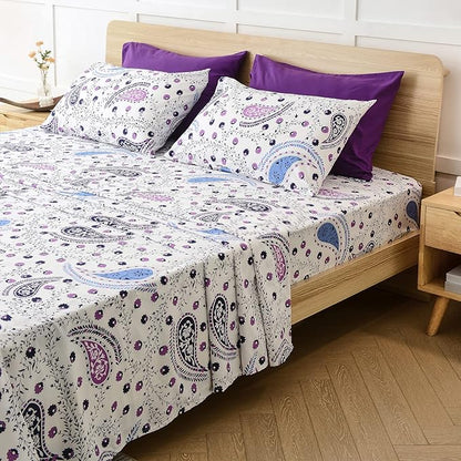 JSD 6 Piece Purple Paisley Sheet Set Queen Size, Soft Printed Microfiber Sheets with 4 Pillowcases Deep Pocket