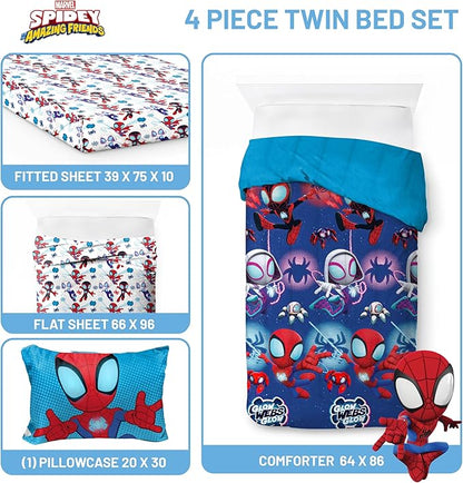 Jay Franco Marvel Spidey & His Amazing Friends Twin Size Comforter Set - 4 Piece Includes Sheet Set, Pillow Covers & Bonus Duffle Bag - Super Soft Kids Bedding with Ghost Spider and Miles Morales