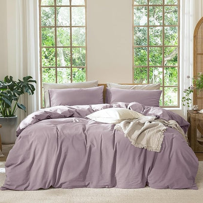 MooMee Bedding Duvet Cover Set 100% Washed Cotton Linen Like Textured Breathable Durable Soft Comfy (Solid Taro Purple, King 104"x90")
