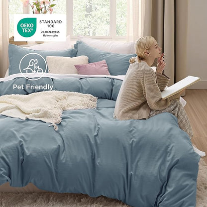 Bedsure Mineral Blue Duvet Covers Queen Size - Prewashed Cotton-Like Polyester Duvet Cover, Soft Queen Duvet Cover Set 3 Pieces with Zipper Closure, 1 Duvet Cover 90x90 inches and 2 Pillow Shams