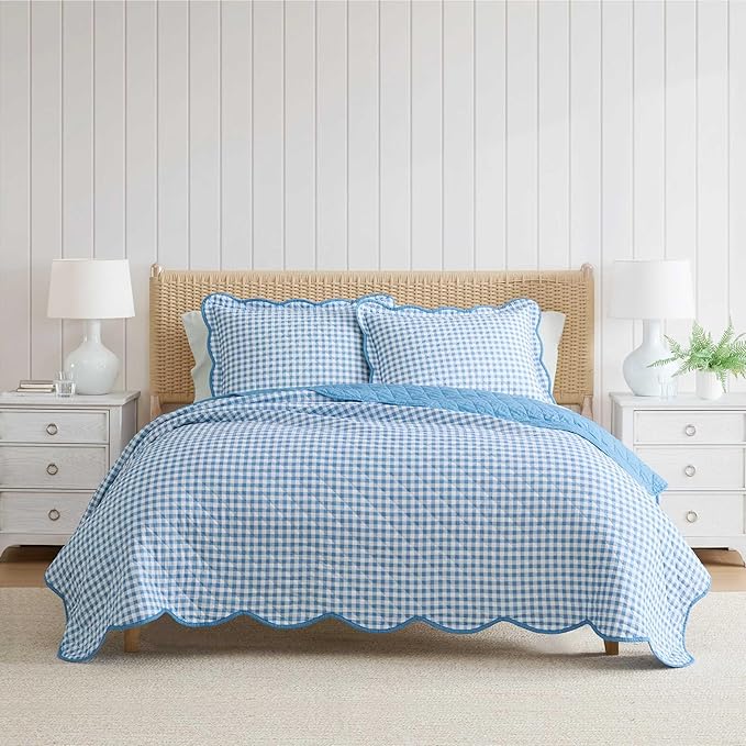 Martha Stewart - Twin Quilt Set, 100% Soft & Breathable Bedding with a Lightweight Feel for Year Round Comfort, 2 Piece Bed Set with Matching Pillowcase (Olivia Gingham Blue)