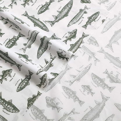 Eddie Bauer - Sheet Set, Cotton Percale Bedding with Matching Pillowcases, Crisp & Breathable, 200-Thread Count, Classic Comfort Essentials (Wes Fish Green, Full)