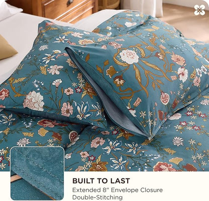 Bedsure Floral Duvet Cover Queen Size - 100% Cotton Reversible Botanical Shabby Chic Duvet Cover Set, 3 Pieces Soft & Breathable PureWoven Bedding Set with 2 Pillow Shams (Vintage Teal Floral 90"x90")