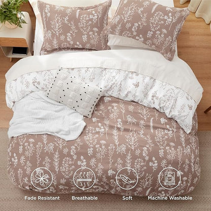 Bedsure Duvet Cover King Size - Reversible Light Taupe King Duvet Cover Set with Zipper Closure, 3 Pieces Floral Patterned Bedding Set with 8 Corner Ties and 2 Pillow Shams