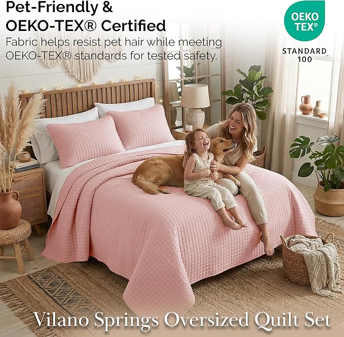 Southshore Fine Living, Inc. Pink King Quilt Set with 2 Pillow Shams, Stitched Lightweight Coverlet, King Size, Stain & Pet Hair Resistant Bedding Set, Fits Standard or California Beds, Pastel Pink