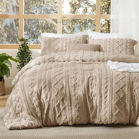Bedsure Tufted Boho Comforter Set California King Size - Khaki Boho Bed Set, GentleSoft™ 3 Pieces Farmhouse Shabby Chic Embroidery Bedding, Gifts for Woman, Soft Jacquard Comforter for All Seasons