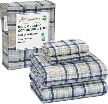 RUVANTI 100% Organic Cotton Sheets Full Size, Percale Weave, GOTS Certified, 4-Piece Set, Deep Pocket 15", Crisp & Breathable, Soft Durable Bedding, Sábanas Algodón Orgánico – Pastel Print