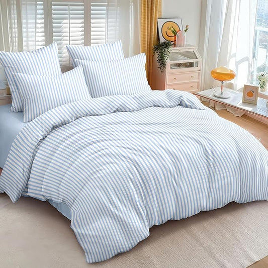 Nayoroom Blue Striped Comforter Set Queen Size White Stripe Comforter 3 Pieces Girls Soft Lightweight Pinstripe Dorm Bedding Set for All Seasons
