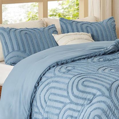 Bedsure Boho Tufted Blue Comforter Set Queen Size, GentleSoft™ 3 Pieces Boho Farmhouse Decor Bedding, Arch Shabby Chic Bedding for All Seasons, 1 Bed Comforter, 2 Pillow Shams, 90x90 Inches