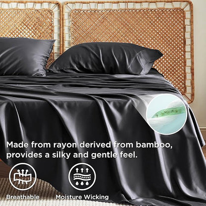 Bedsure King Size Sheet Set, Cooling Sheets, Rayon Derived from Bamboo, Deep Pocket Up to 16", PureWoven, Breathable & Soft, Hotel Luxury Silky Bedding for Hot Sleepers, Black