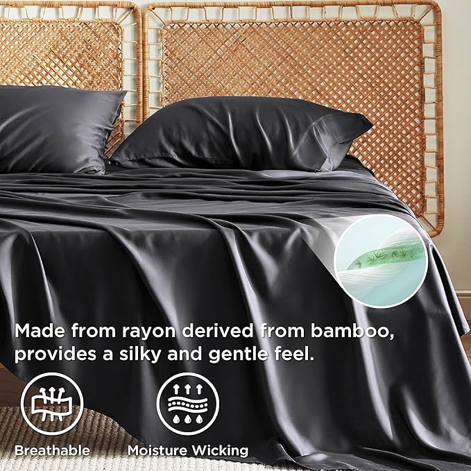 Bedsure Full Size Bed Sheets, Cooling Sheets, Rayon Derived from Bamboo, PureWoven, Breathable & Soft, Deep Pocket Up to 16 Inches, Hotel Luxury Silky Bedding for Hot Sleepers, Black